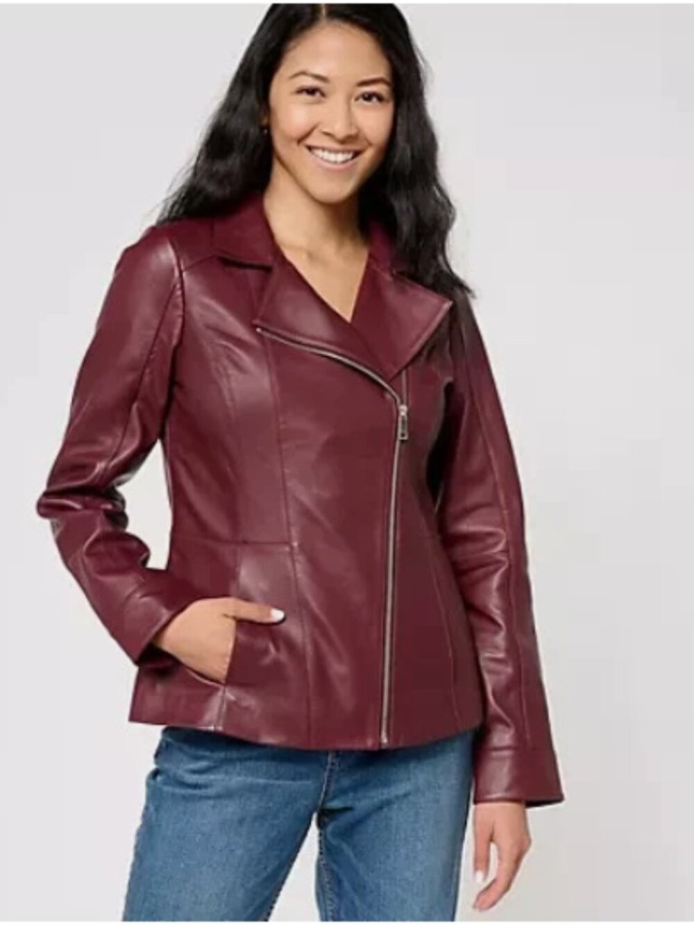Denim & Co. Lamb Leather Moto Jacket with Pockets-Dk Burgundy-Small-NEW-A612795